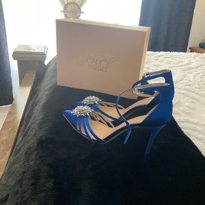 Royal blue approximately 4” pumps with gorgeous rhinestone toe. Never worn.